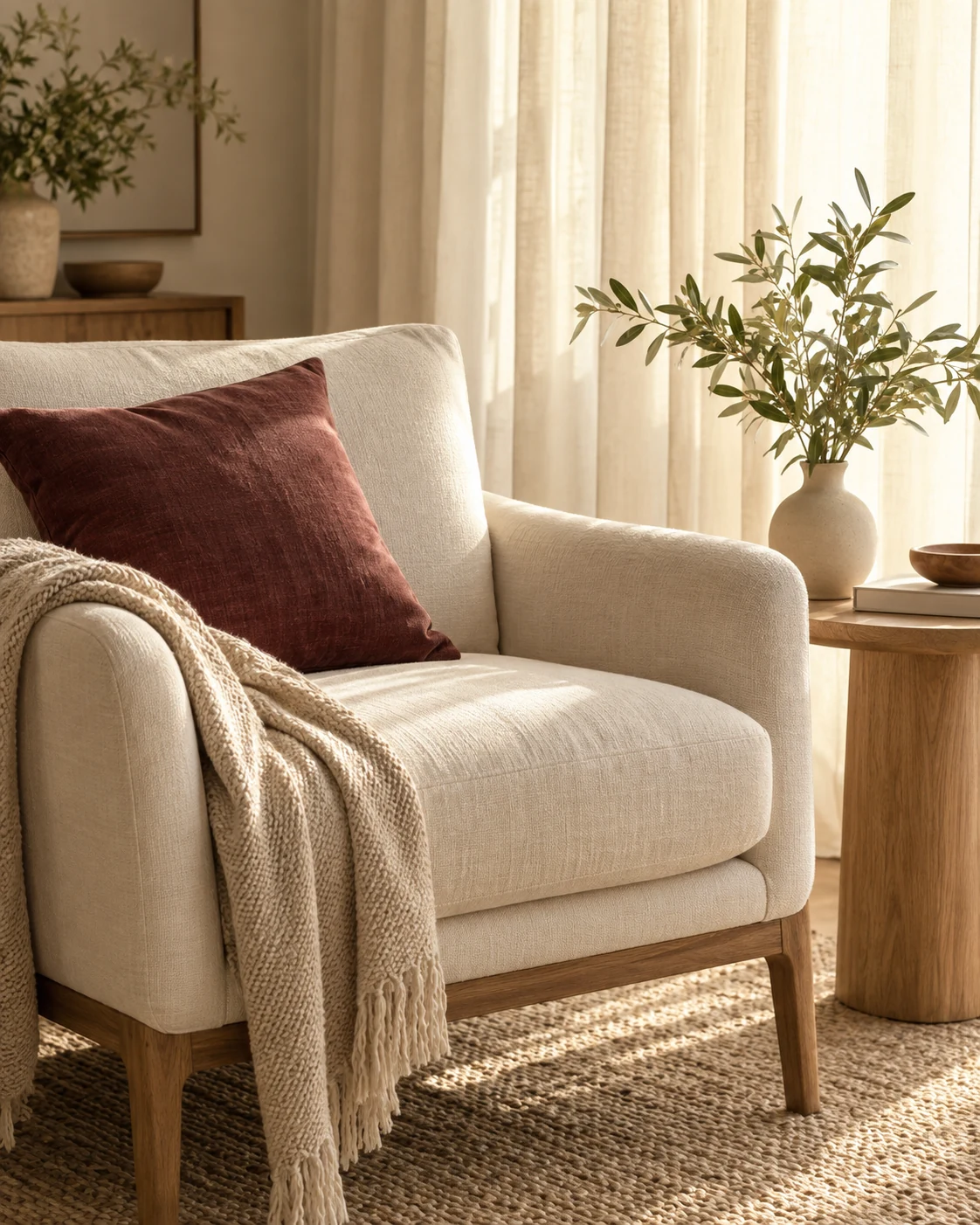 Un fauteuil et une plante dans un intérieur lumineux